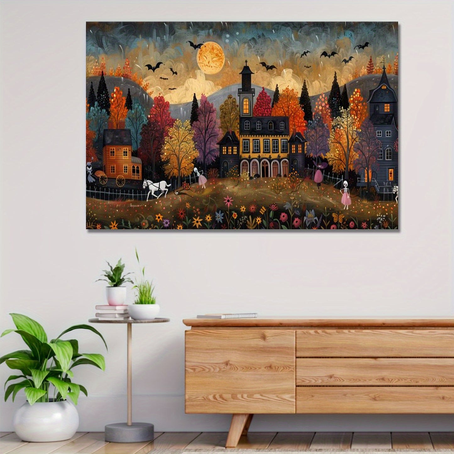 Small Town Celebrating Halloween Canvas, Halloween All Saints' Day Gift