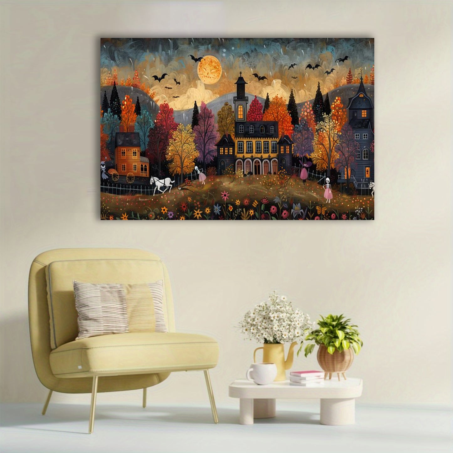 Small Town Celebrating Halloween Canvas, Halloween All Saints' Day Gift