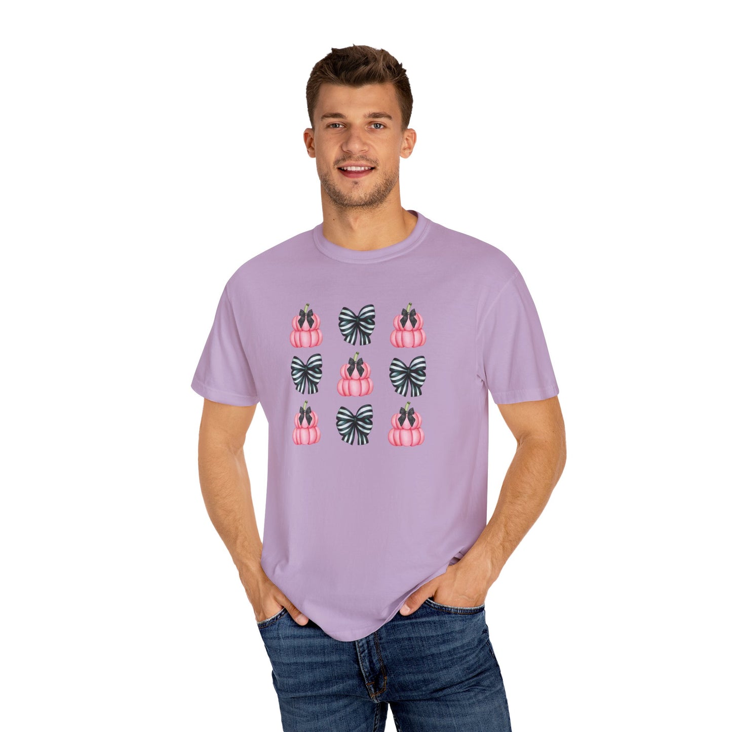 Pink Pumpkins and Striped Bows Unisex Garment-Dyed T-shirt