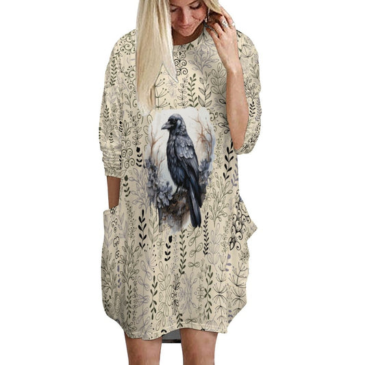 Loose Long-sleeve Dress with Pockets (All-Over Printing)