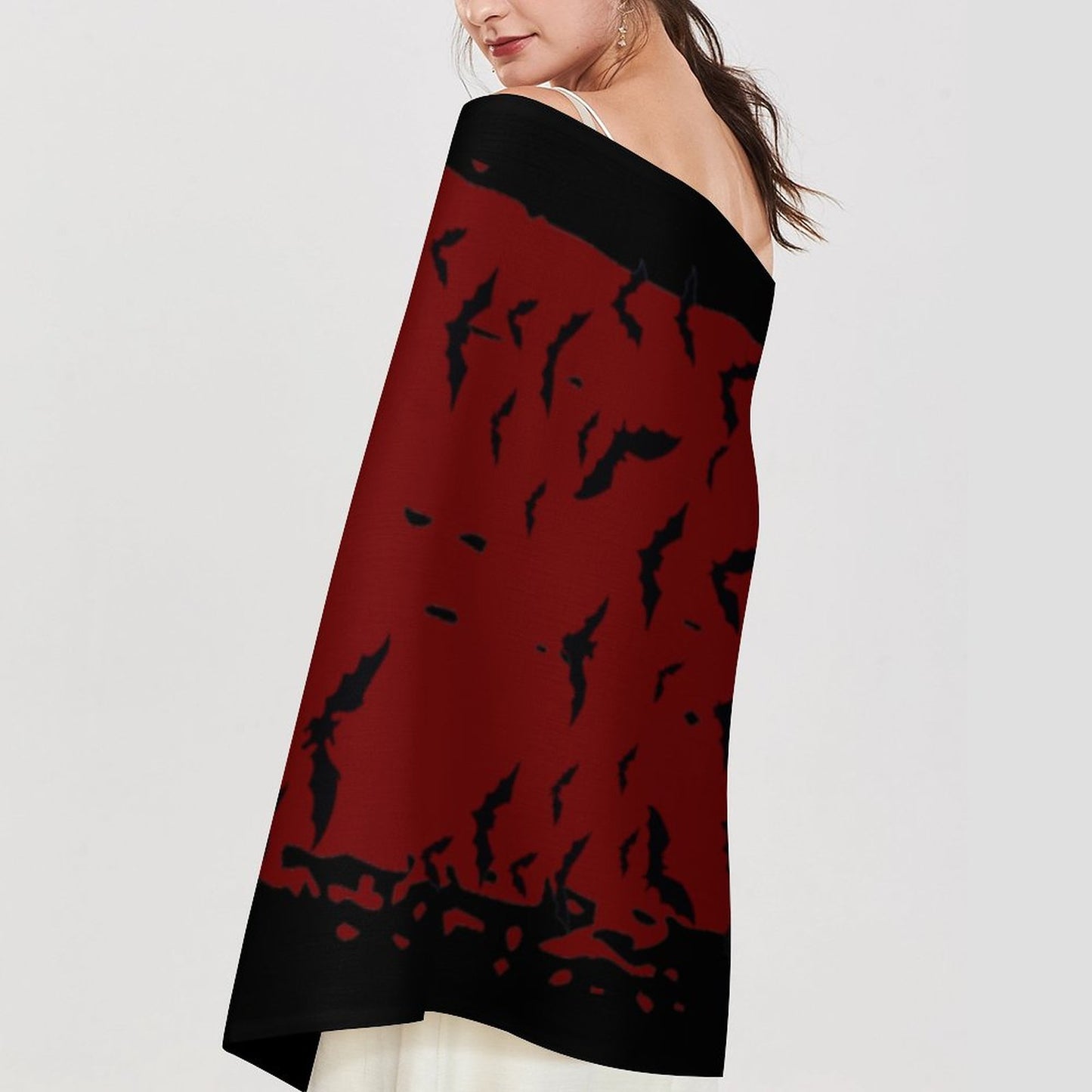 Cloud of Bats Oxblood Cashmere-like Tassel Scarf (All-Over Printing)