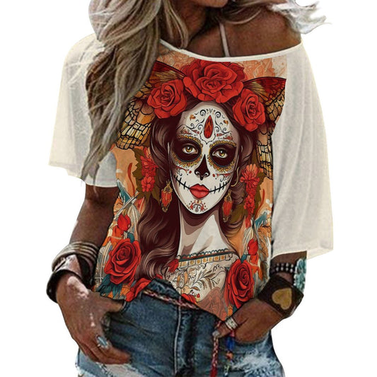 Day of the Dead 180gsm Women’s Off the Shoulder Half-Sleeve T-shirt BAT (All-Over Printing)