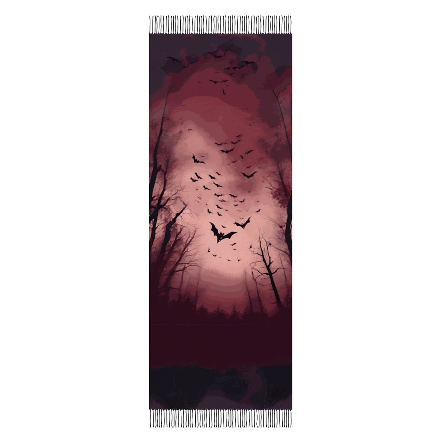 Cloud of Bats in Oxblood Forest Cashmere-like Tassel Scarf (All-Over Printing)