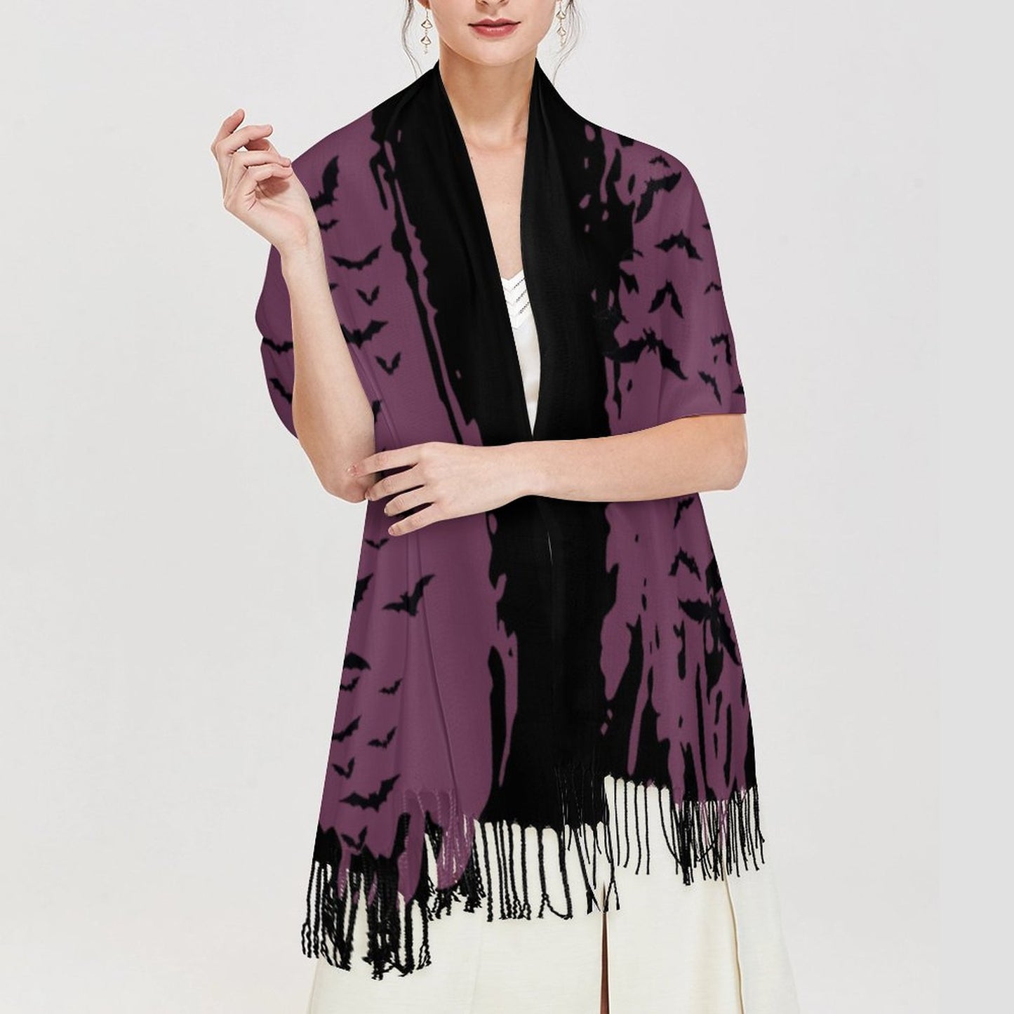 Cloud of Bats in Mauve Cashmere-like Tassel Scarf (All-Over Printing)