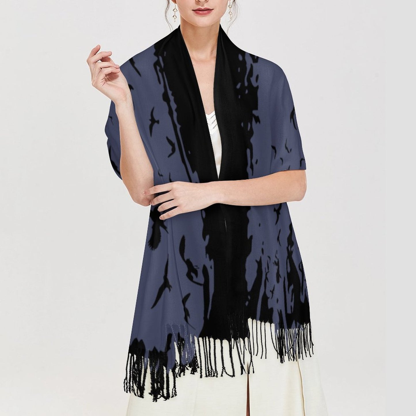 Crown Blue Cashmere-like Tassel Scarf (All-Over Printing)