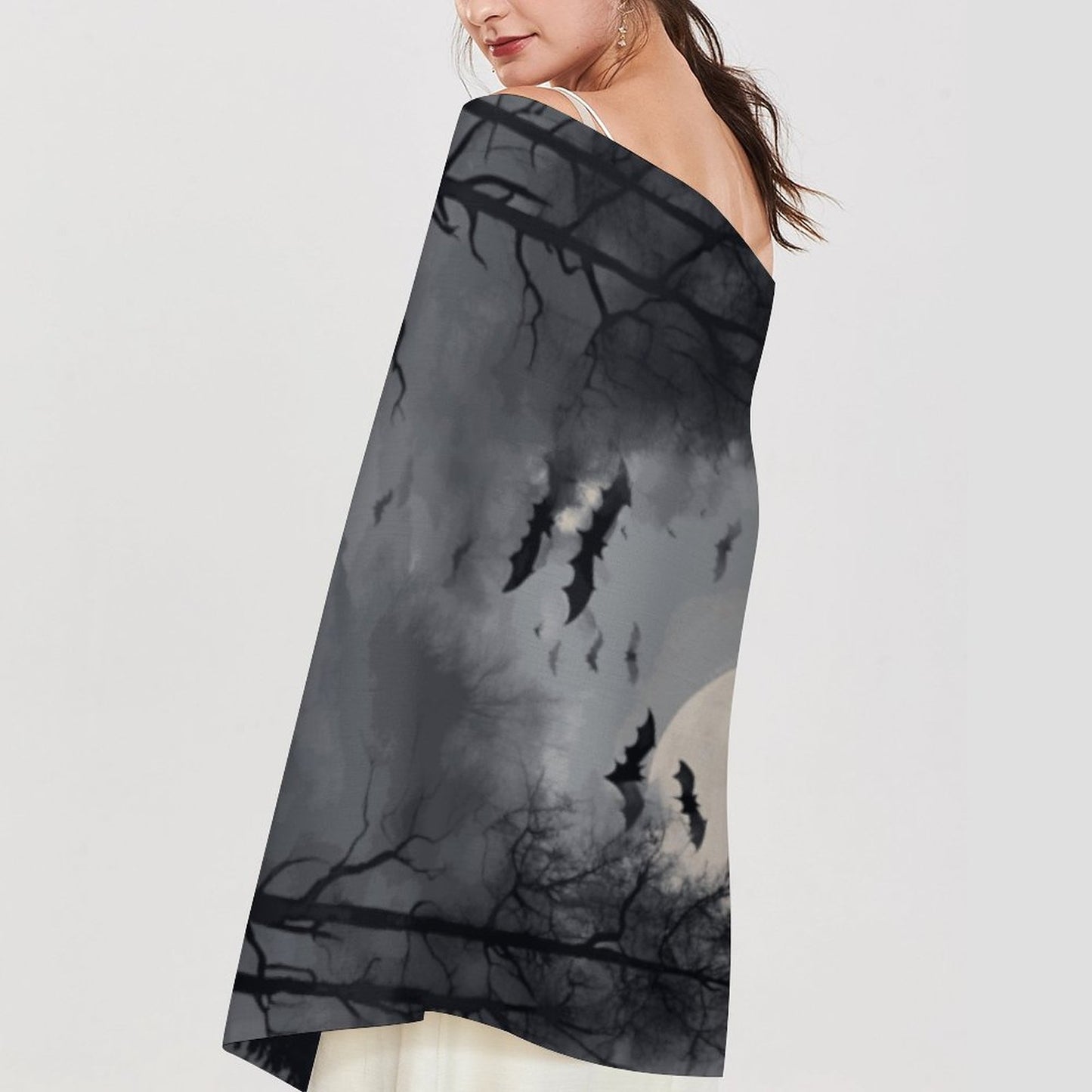 Cloud of Bats in Full Moon Cashmere-like Tassel Scarf (All-Over Printing)