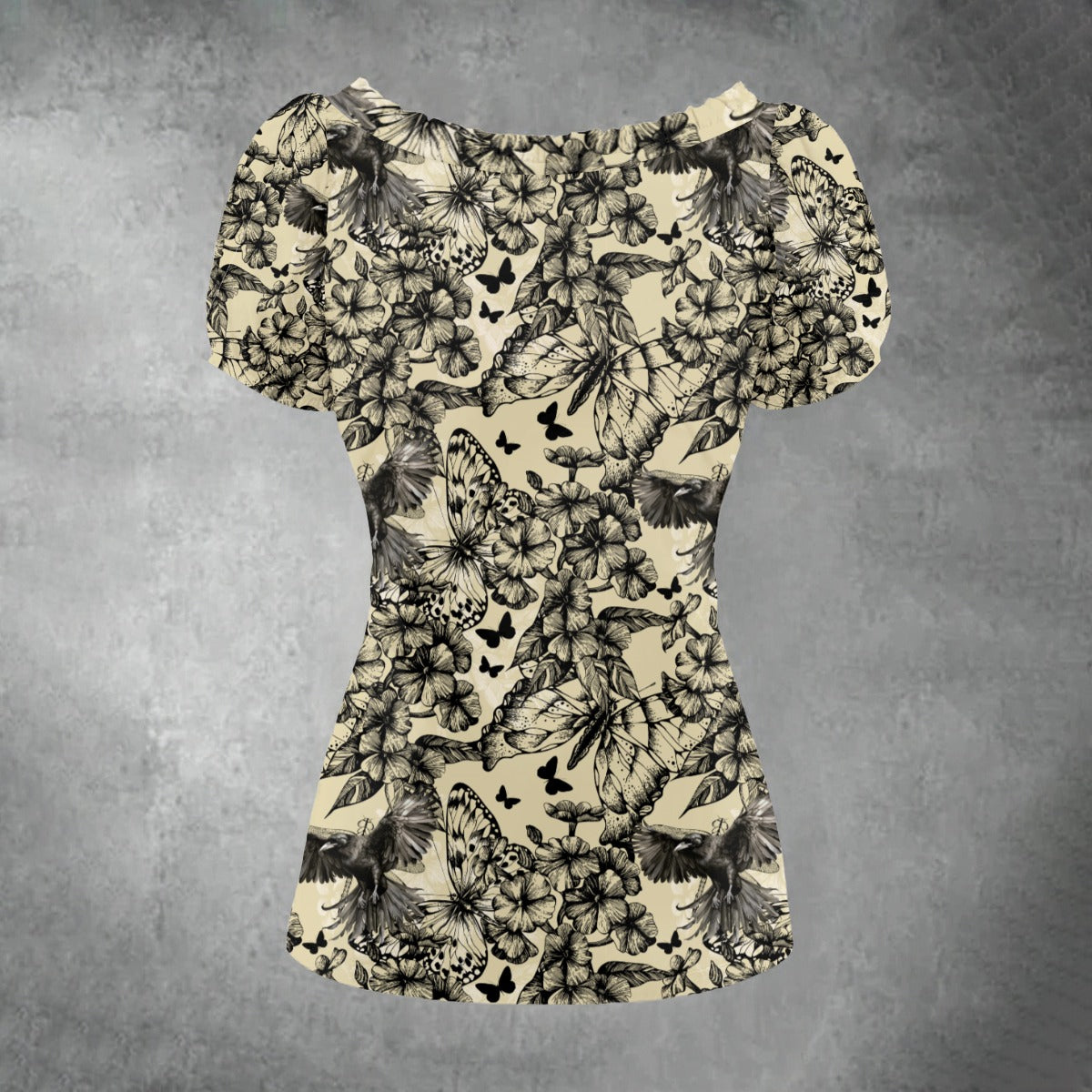 Crows and Butterflies Puff Sleeve Pleated Shirt - Corporate Goth Attire