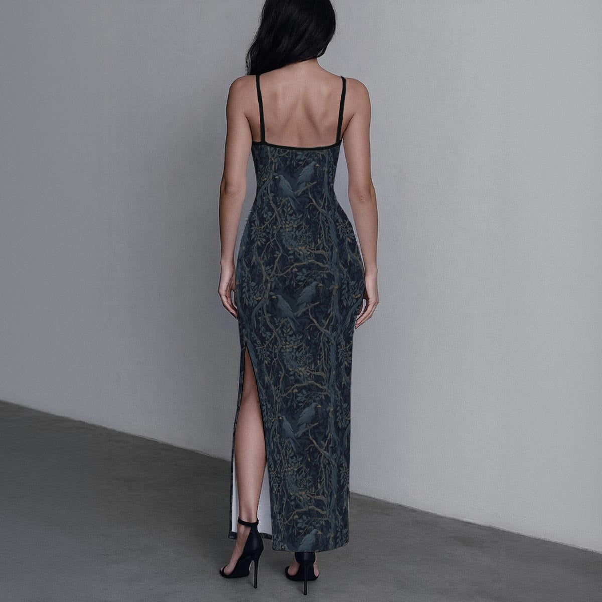 William Morris Inspired Crow Long Dress with Slit - Dark Academia Clothing