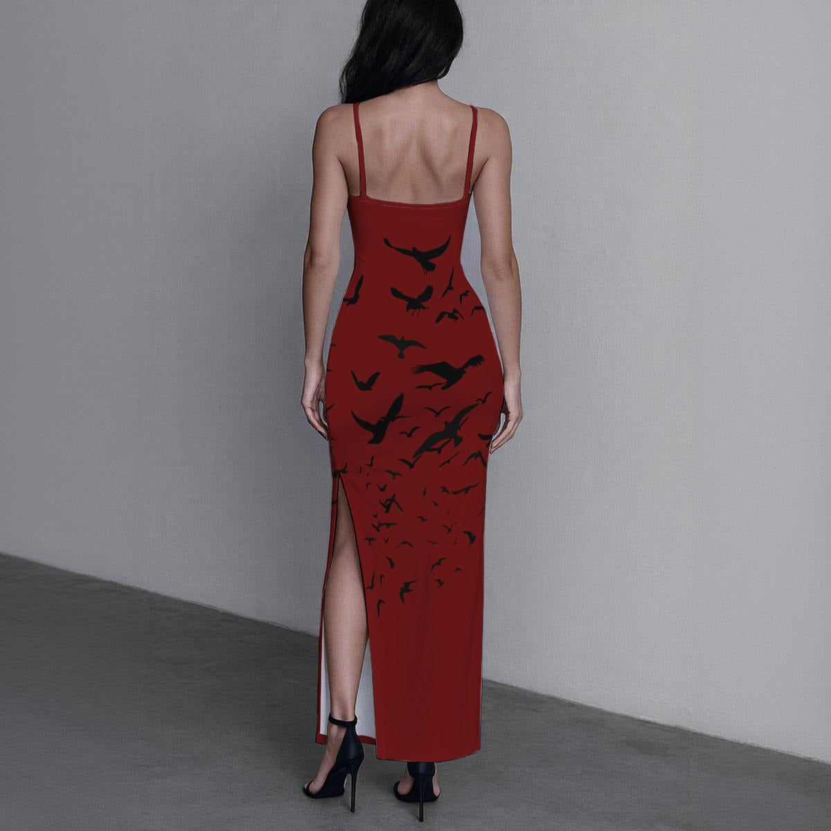 Murder of Crows Oxblood Long Dress with Slit - Gothic Clothing