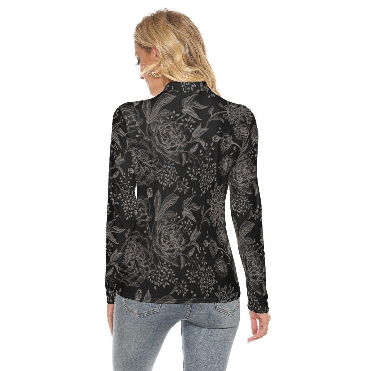 Brown Floral Gothic Stretchable Turtleneck Top - Corporate Goth Clothing