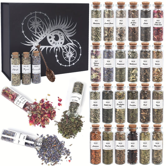24 Pcs Witchcraft Supplies Herbs and Flowers Kit - Natural Dried Herbs Set 