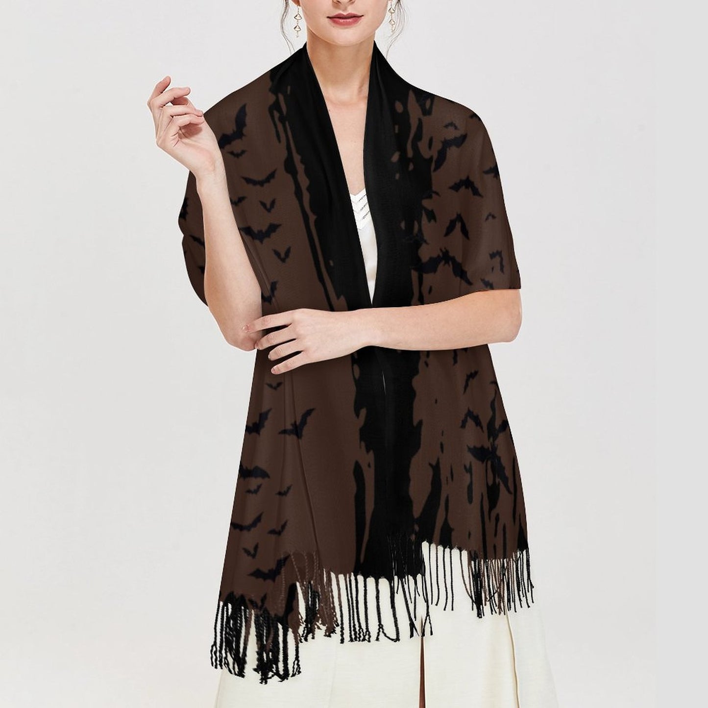 Cloud of Bats in Chocolate Cashmere-like Tassel Scarf (All-Over Printing)