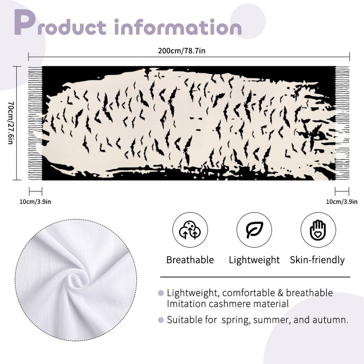 Cloud of Bats Cream Cashmere-like Tassel Scarf (All-Over Printing)