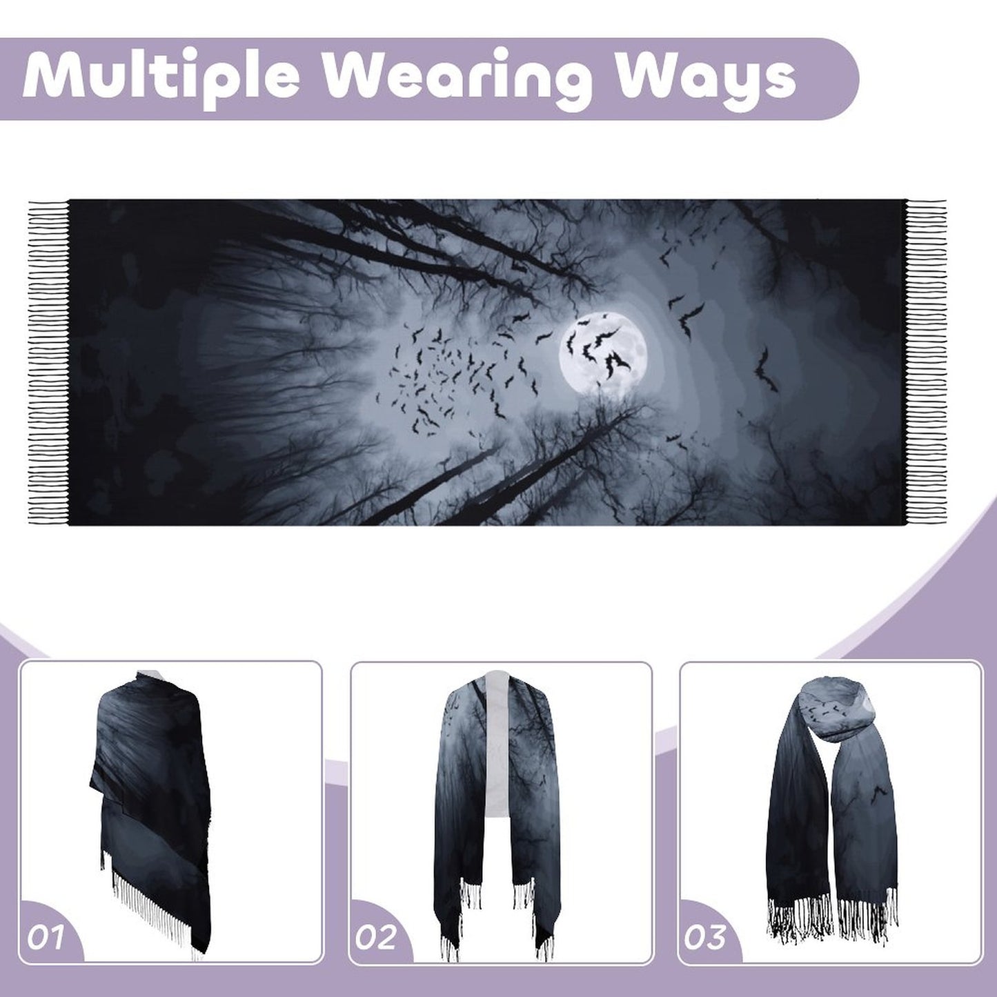 Full Moon Cloud of Bats Cashmere-like Tassel Scarf (All-Over Printing)