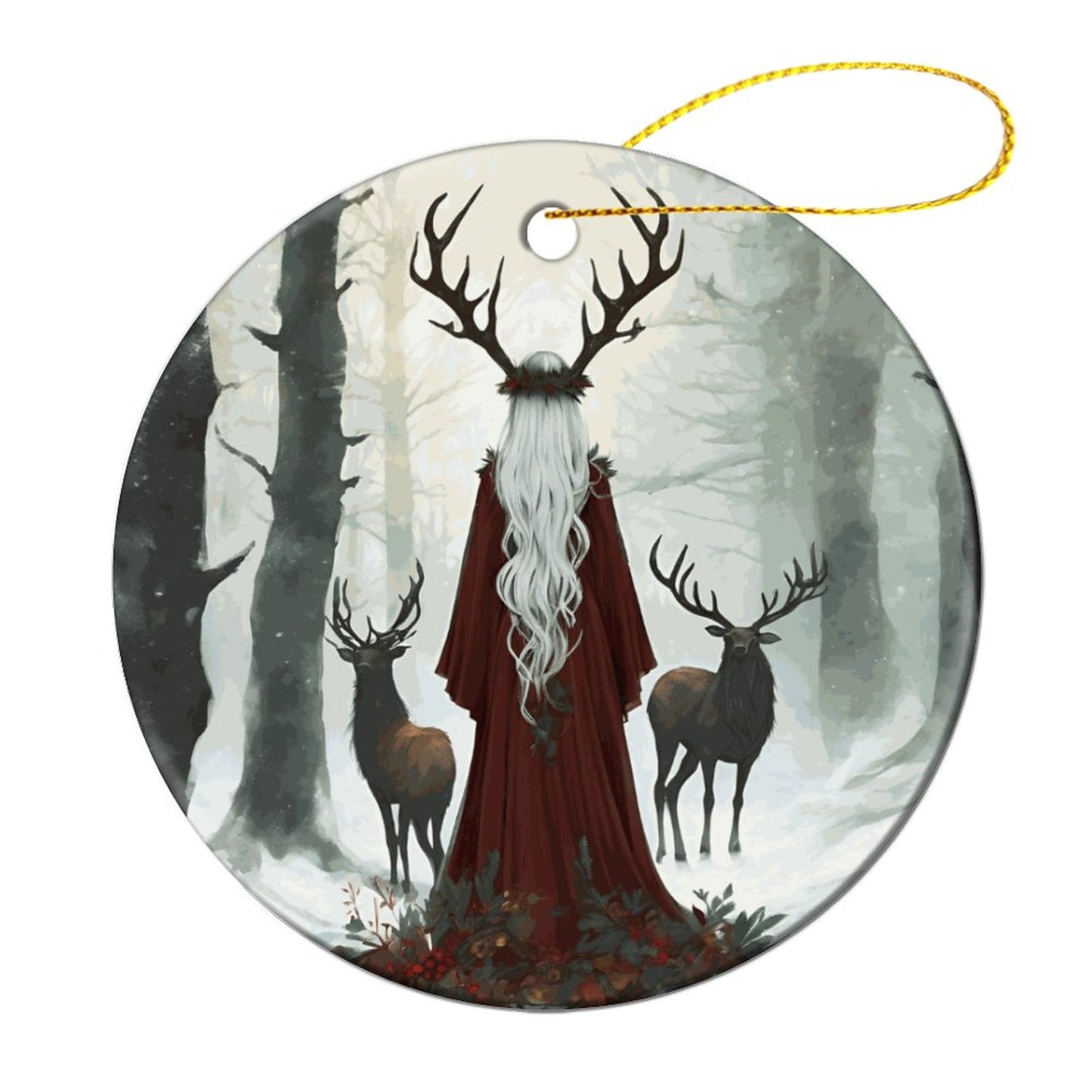 Winter Yule Forest Round Christmas Ceramic Ornament