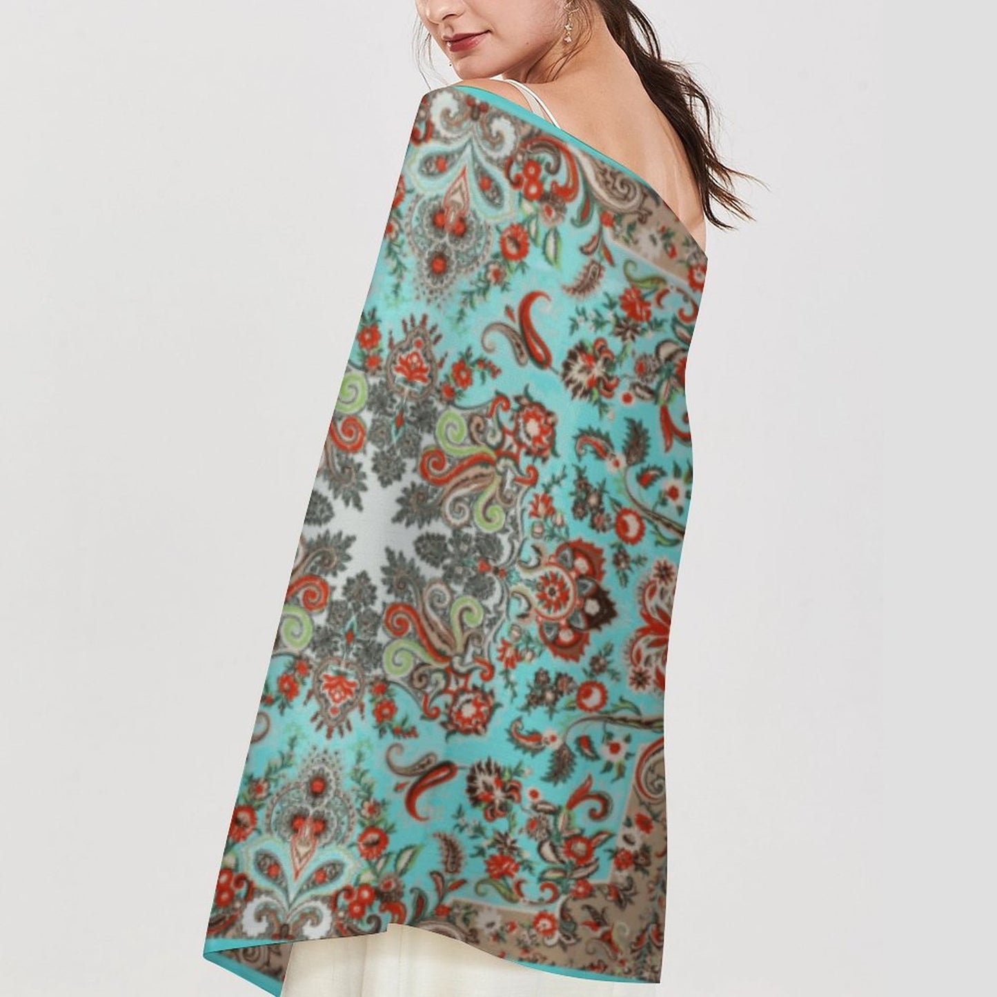 Turquoise in Paisley Cashmere-like Tassel Scarf (All-Over Printing)