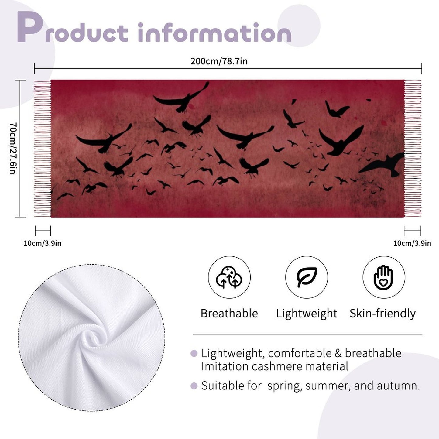 Oxblood Murder of Crows Cashmere-Like Tassel Scarf - Gothic Accessory