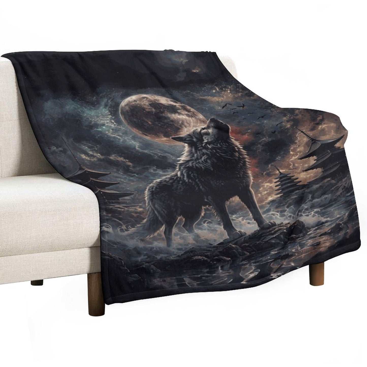 Viking Howling Wolf 280gsm Flannel Blanket-60"x80" (Dual-sided Printing)