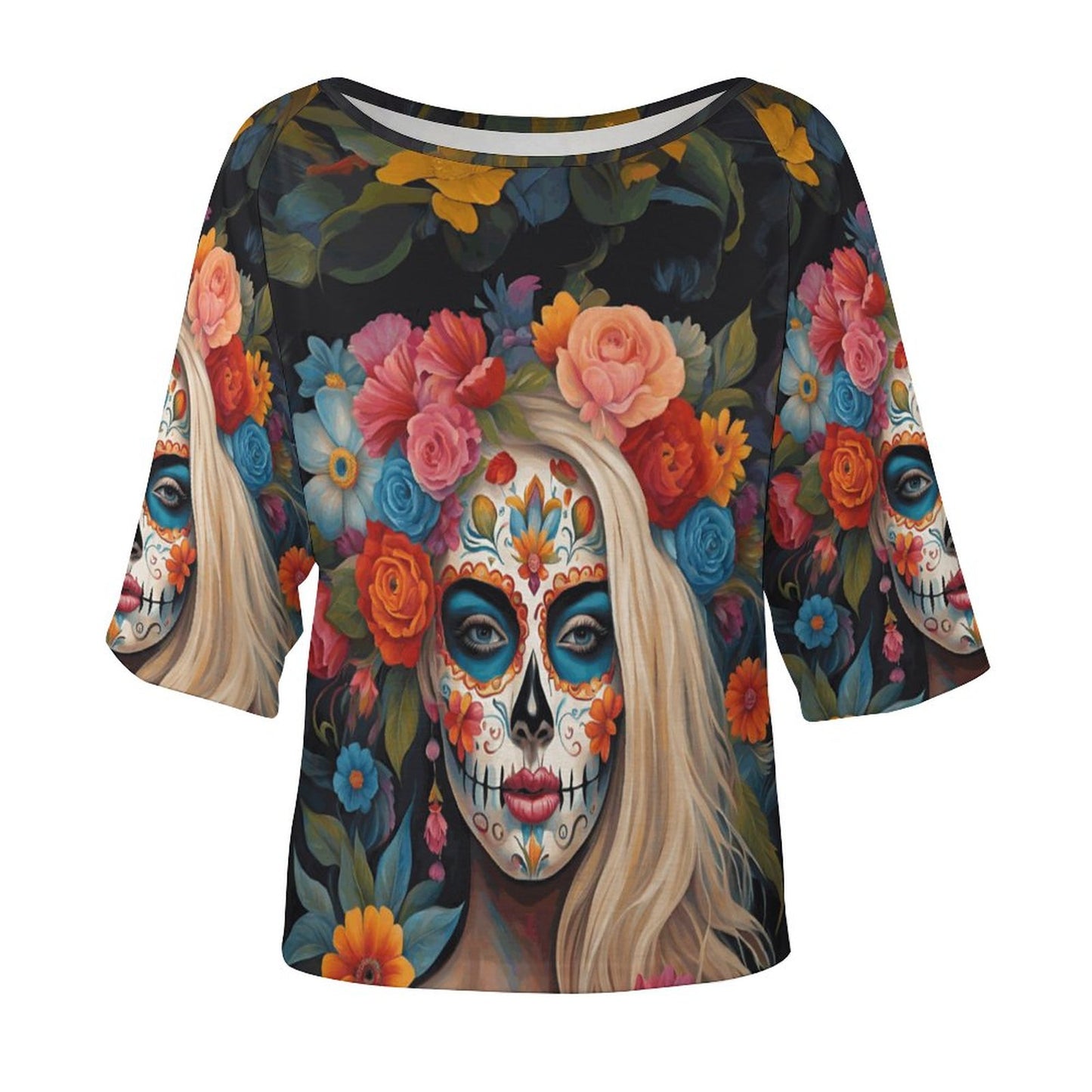 Day of the Deads Wildflower 180gsm Women’s Off the Shoulder Half-Sleeve T-shirt BAT (All-Over Printing)