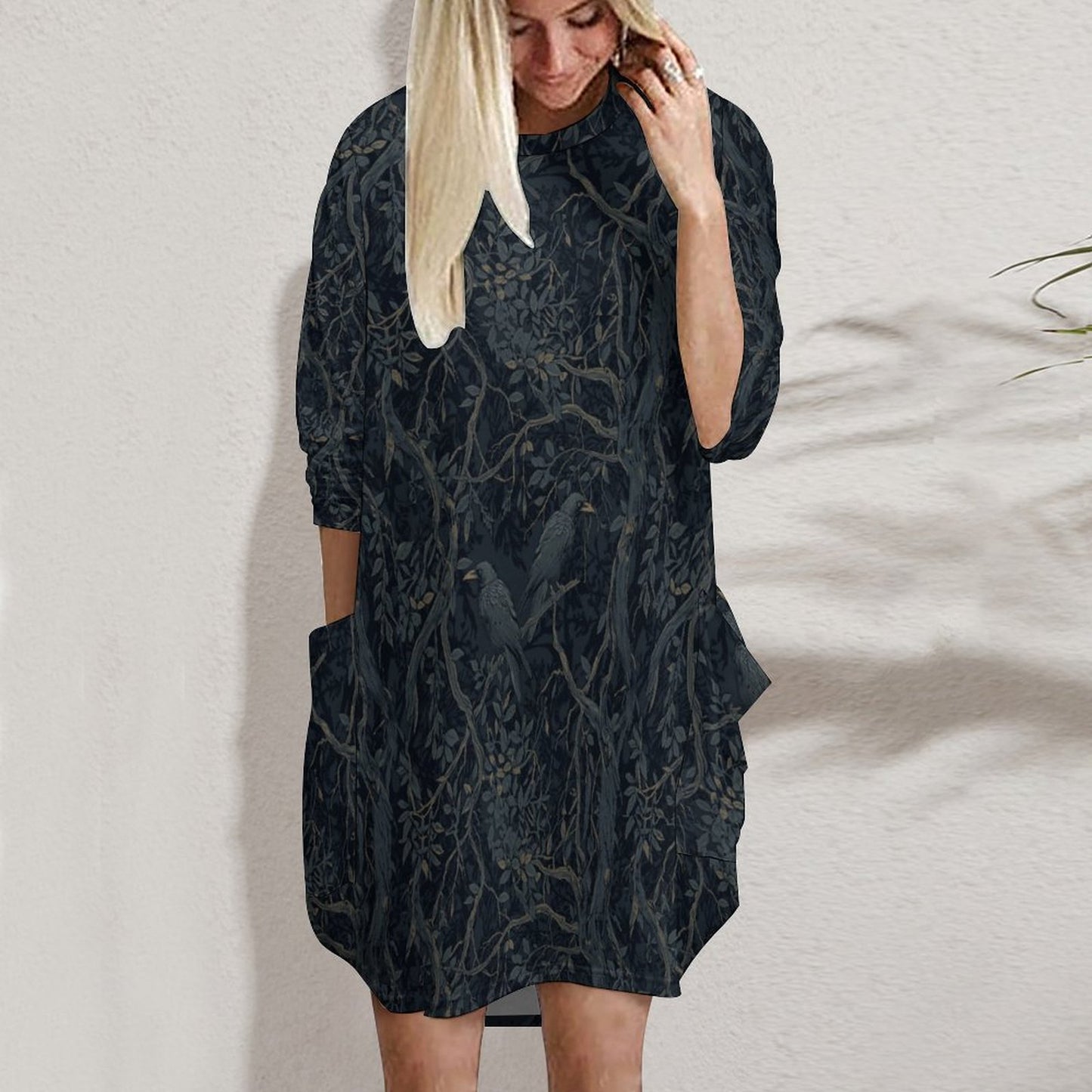 Loose Long-sleeve Dress with Pockets (All-Over Printing)