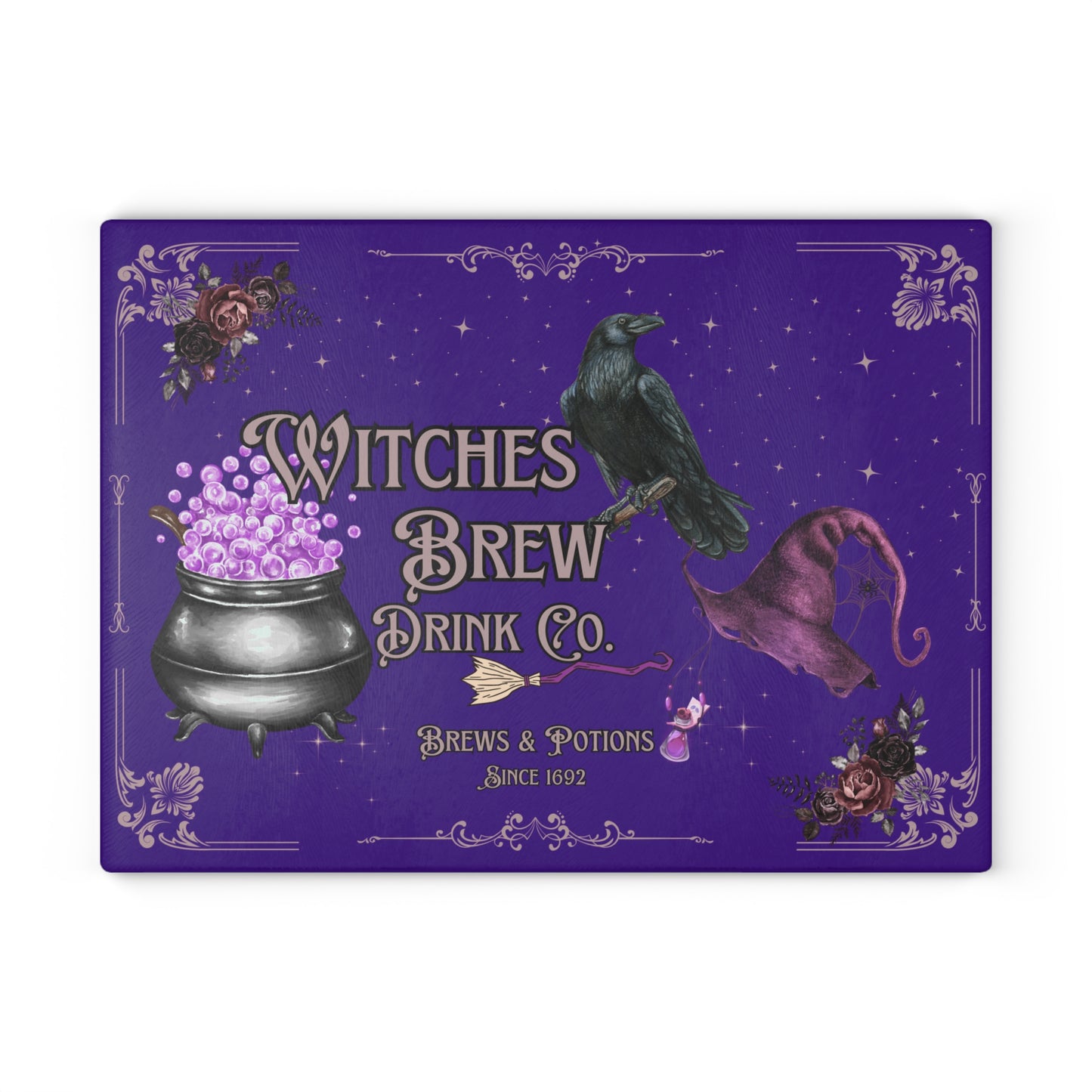 Witches Brew Cauldron Raven Glass Cutting Board | Witchy Kitchen Decor