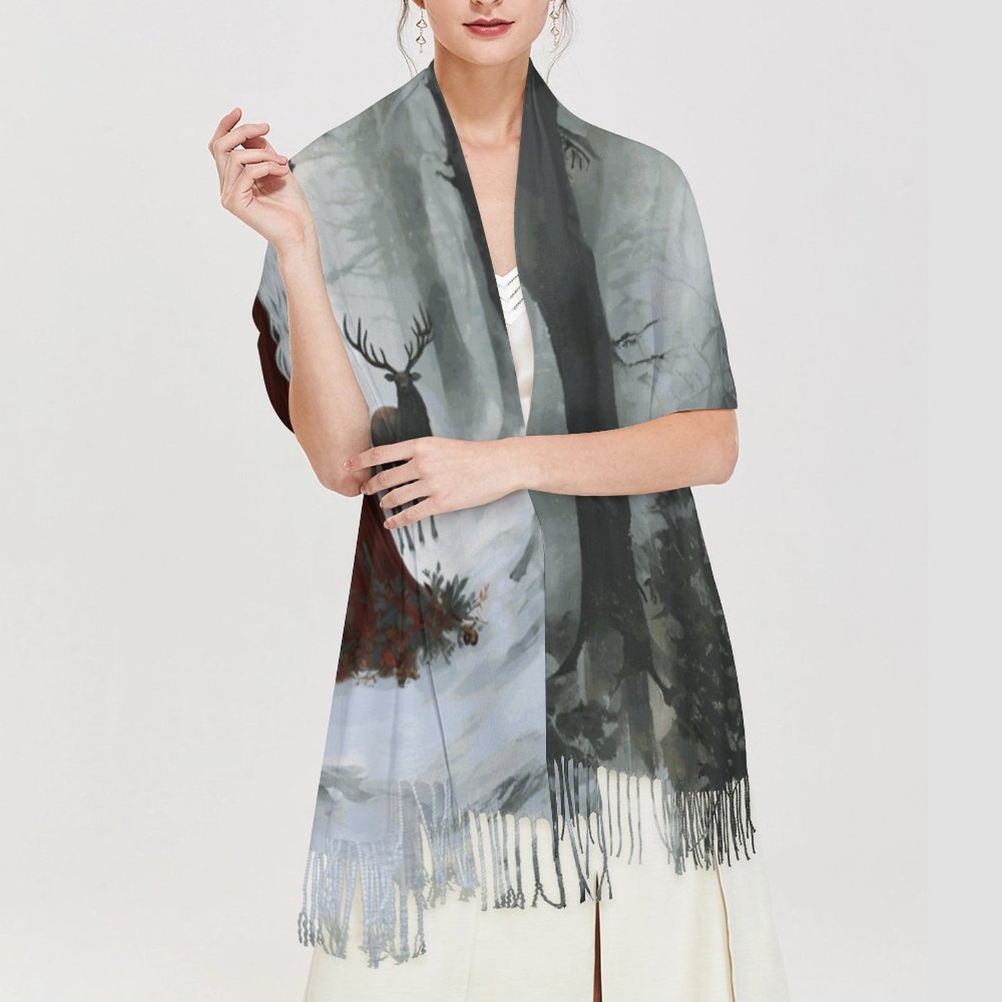 Goddess and Stag Cashmere-like Tassel Scarf (All-Over Printing)