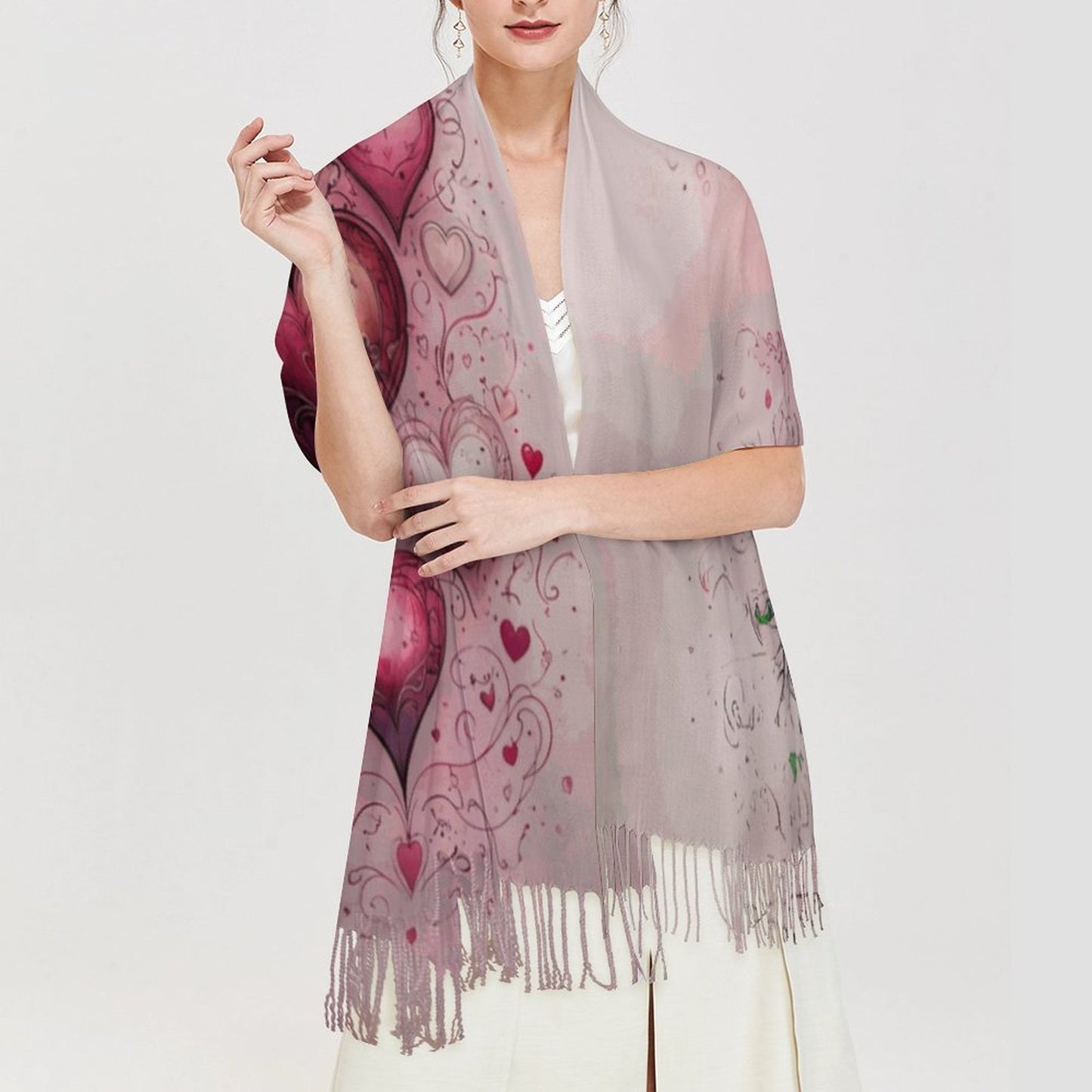 Enchanting Hearts Cashmere-like Tassel Scarf (All-Over Printing)