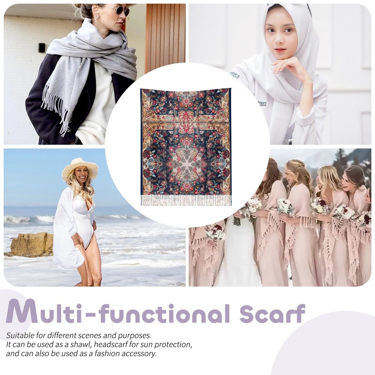 Paisley in Navy Cashmere-like Tassel Scarf (All-Over Printing)