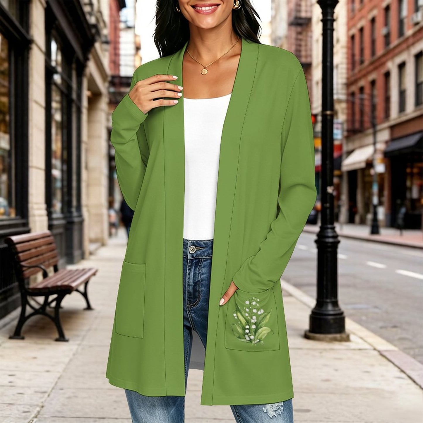 Lily of the Valley Green 180gsm Women's Long Sleeve Cardigan With Pockets(All-Over Printing)