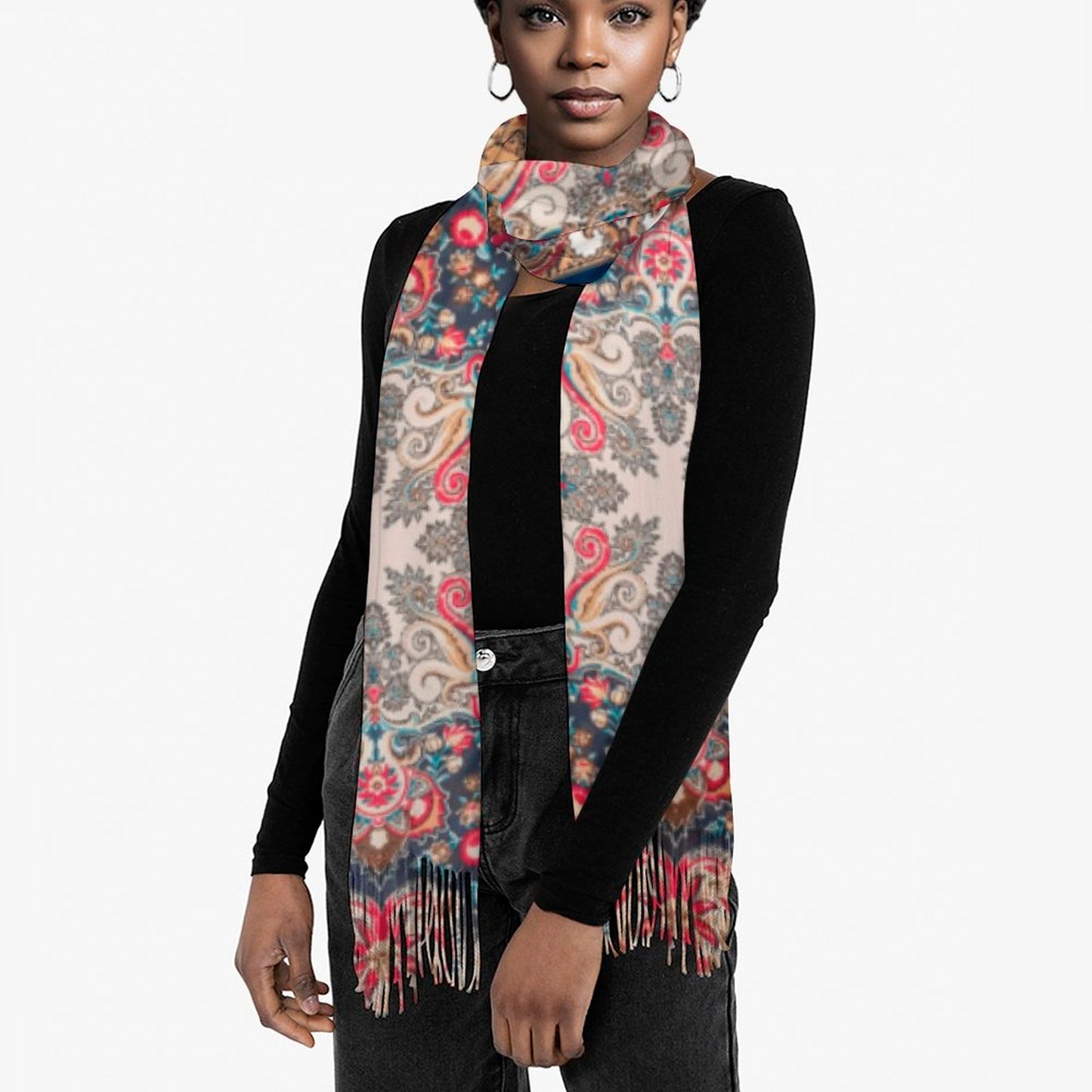 Paisley in Navy Cashmere-like Tassel Scarf (All-Over Printing)