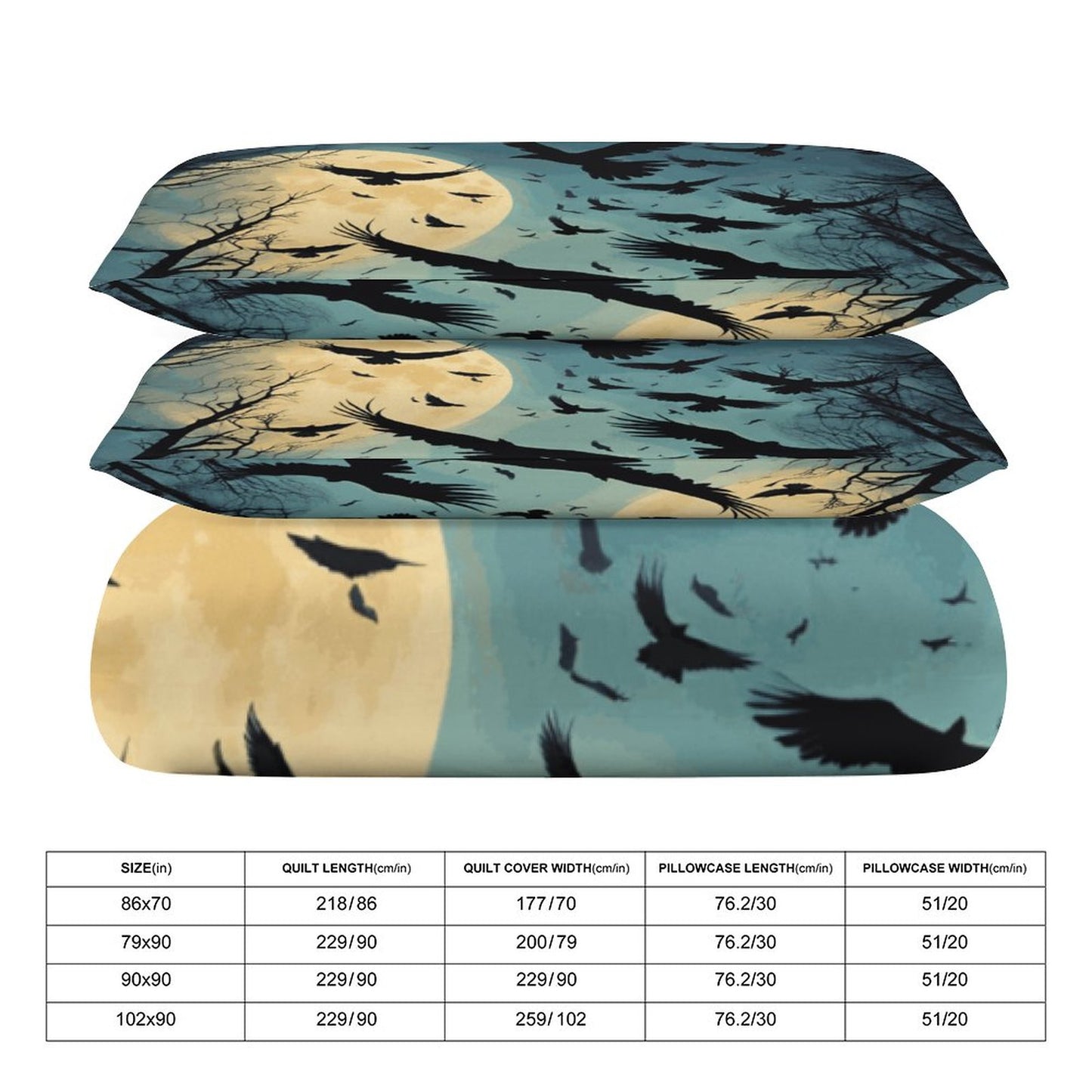 Full Moon Crows 3-Piece Bedding Set-90"x90"/ 229x229cm (Dual-sided Printing)