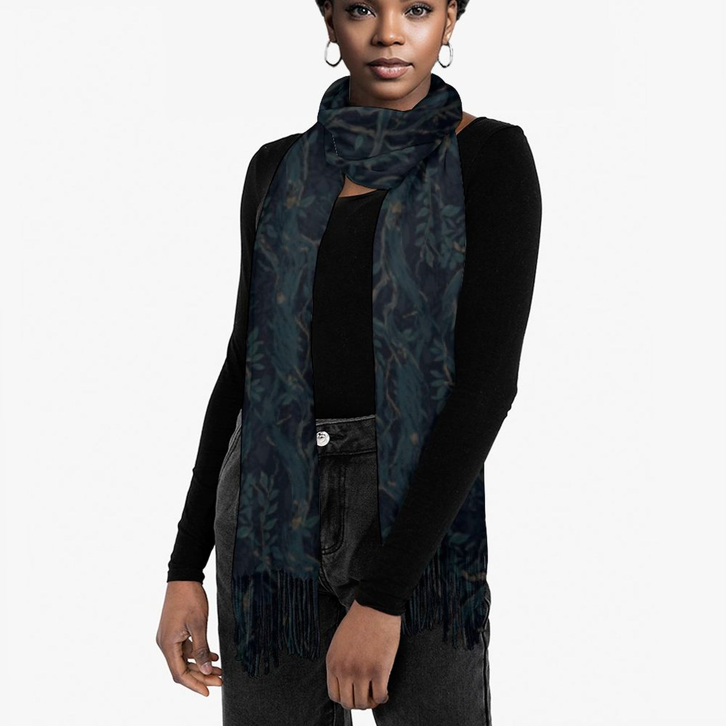 Deep Color New Crow Cashmere-like Tassel Scarf (All-Over Printing)