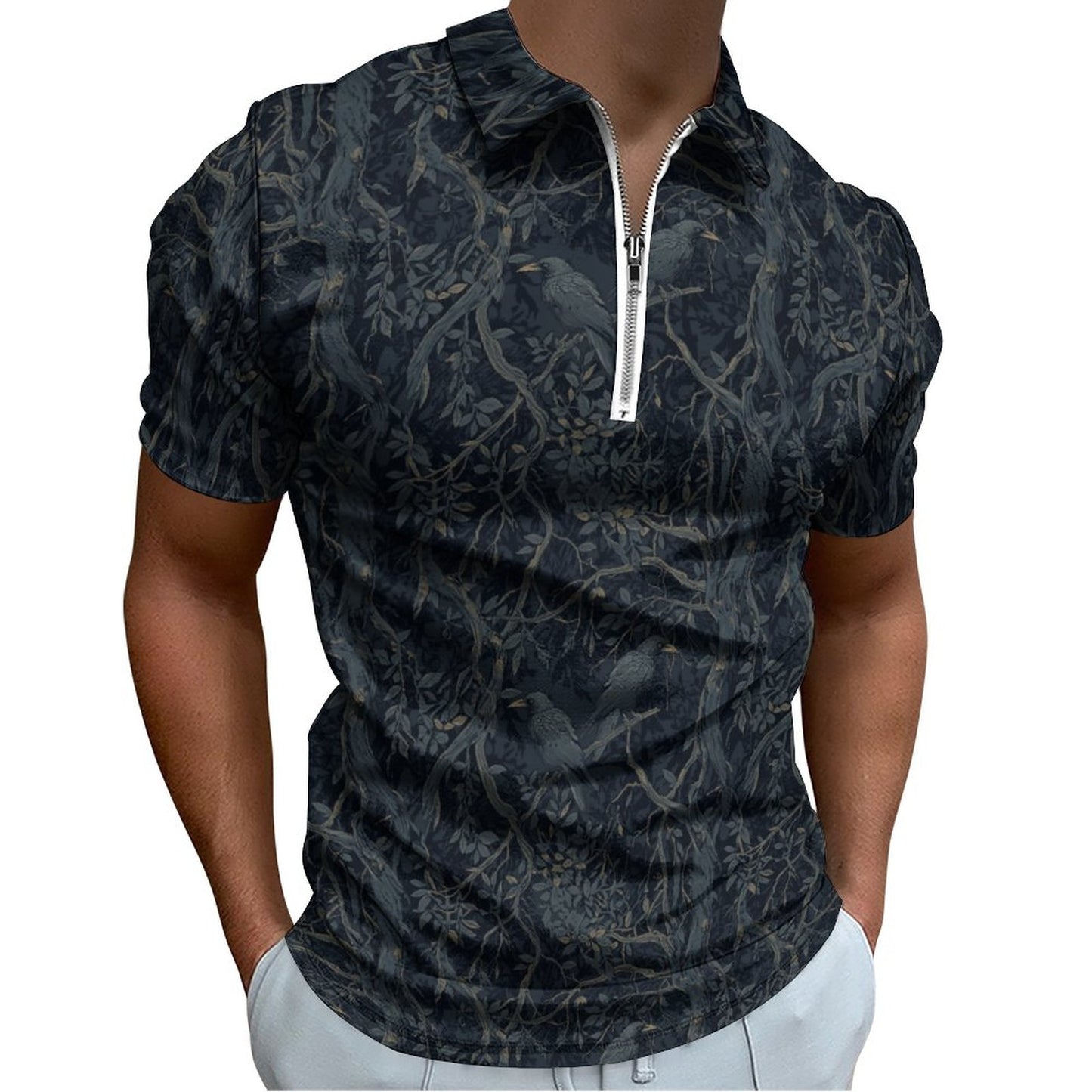 William Morris Crow Cotton Zip Short Sleeve POLO Shirt - Dark Academia Clothing
