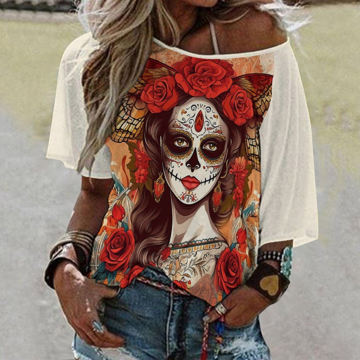 Day of the Dead 180gsm Women’s Off the Shoulder Half-Sleeve T-shirt BAT (All-Over Printing)