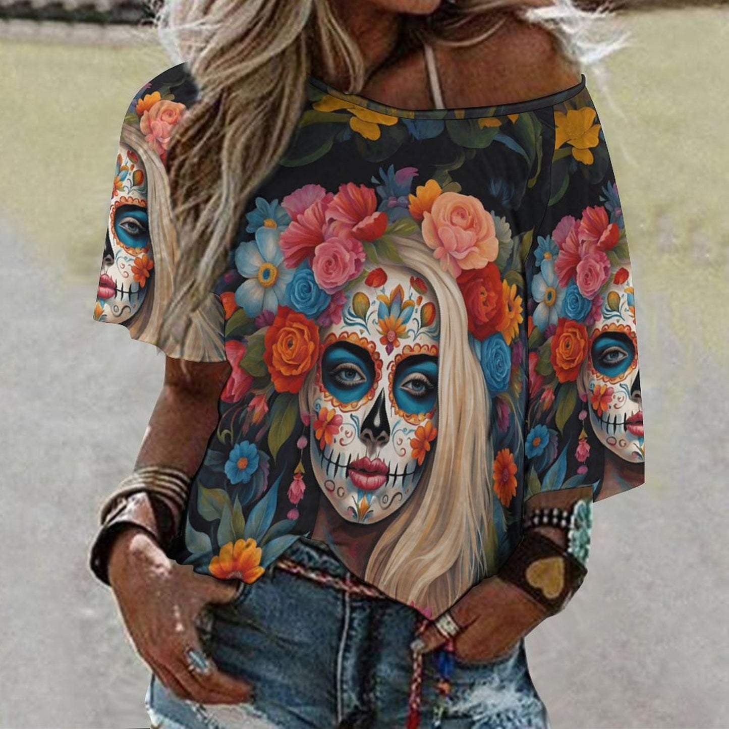 Day of the Deads Wildflower 180gsm Women’s Off the Shoulder Half-Sleeve T-shirt BAT (All-Over Printing)