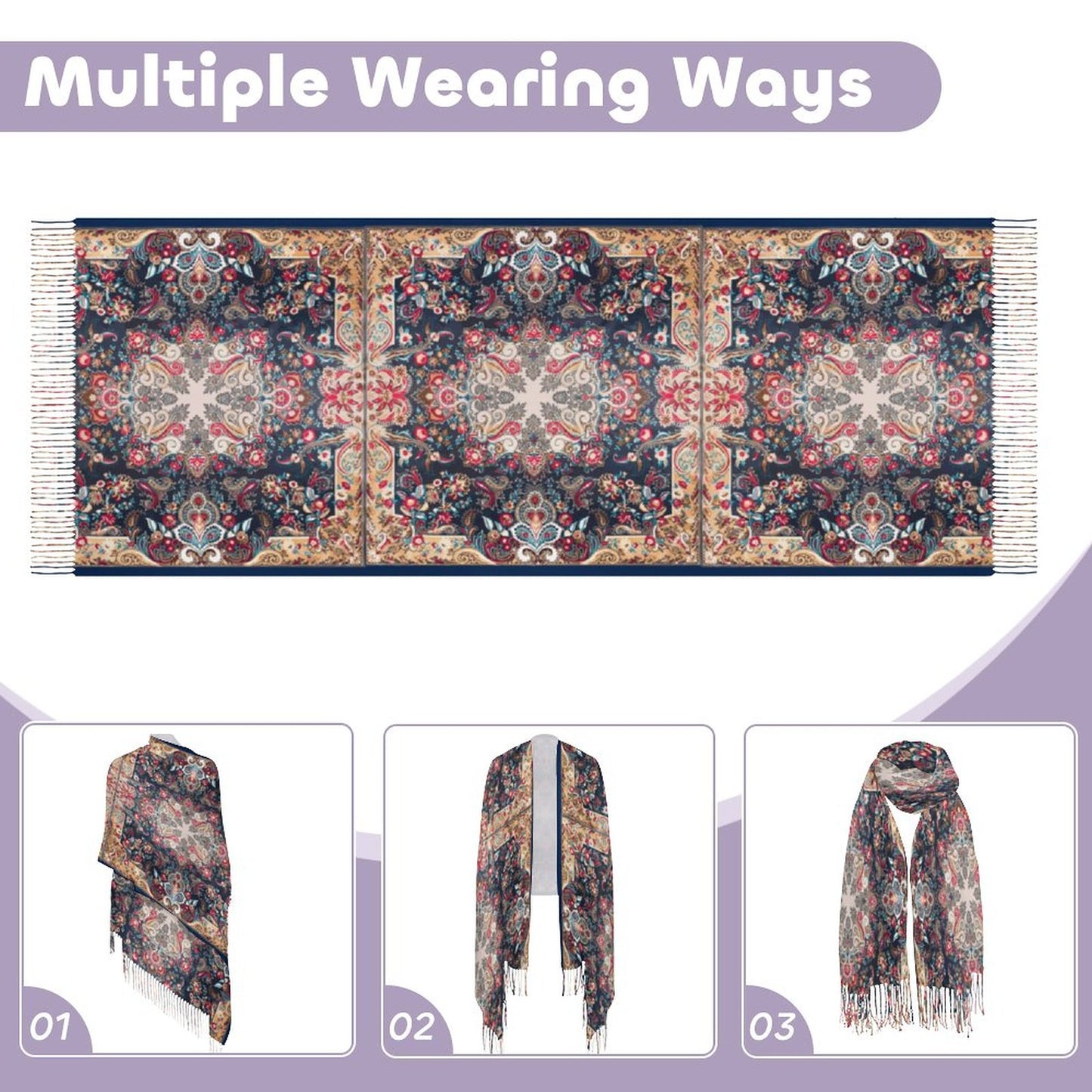 Paisley in Navy Cashmere-like Tassel Scarf (All-Over Printing)