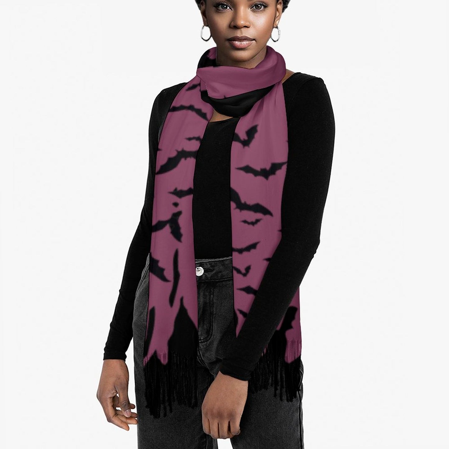 Cloud of Bats in Mauve Cashmere-like Tassel Scarf (All-Over Printing)