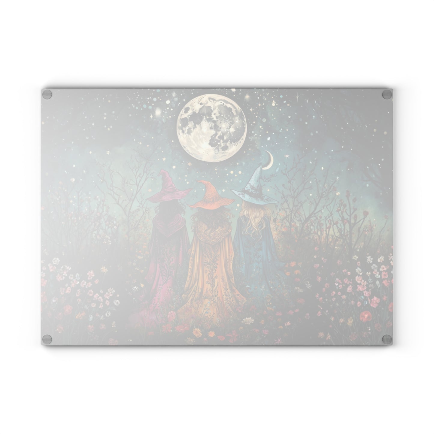 Three Witch Moonlight scene Glass Cutting Board | Pagan kitchen decor