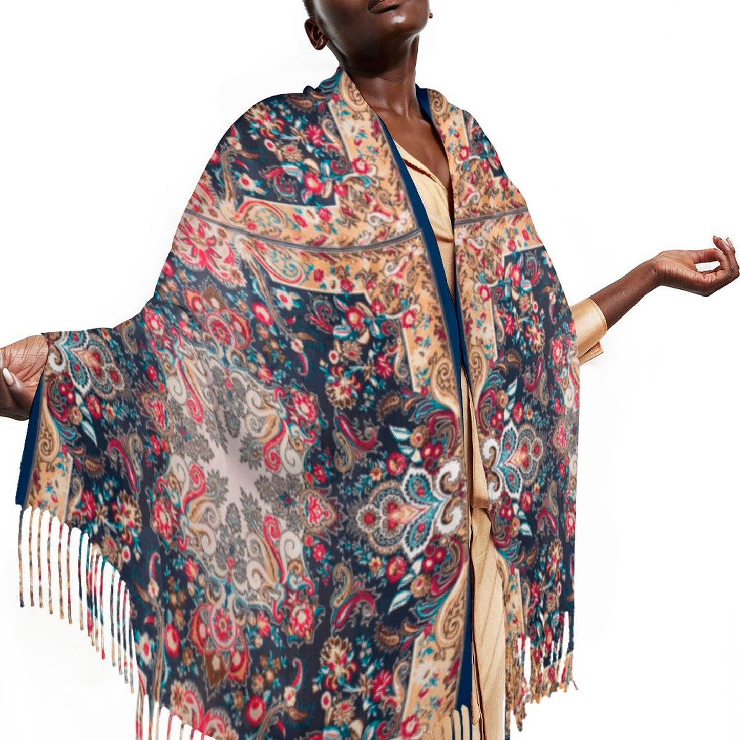 Paisley in Navy Cashmere-like Tassel Scarf (All-Over Printing)