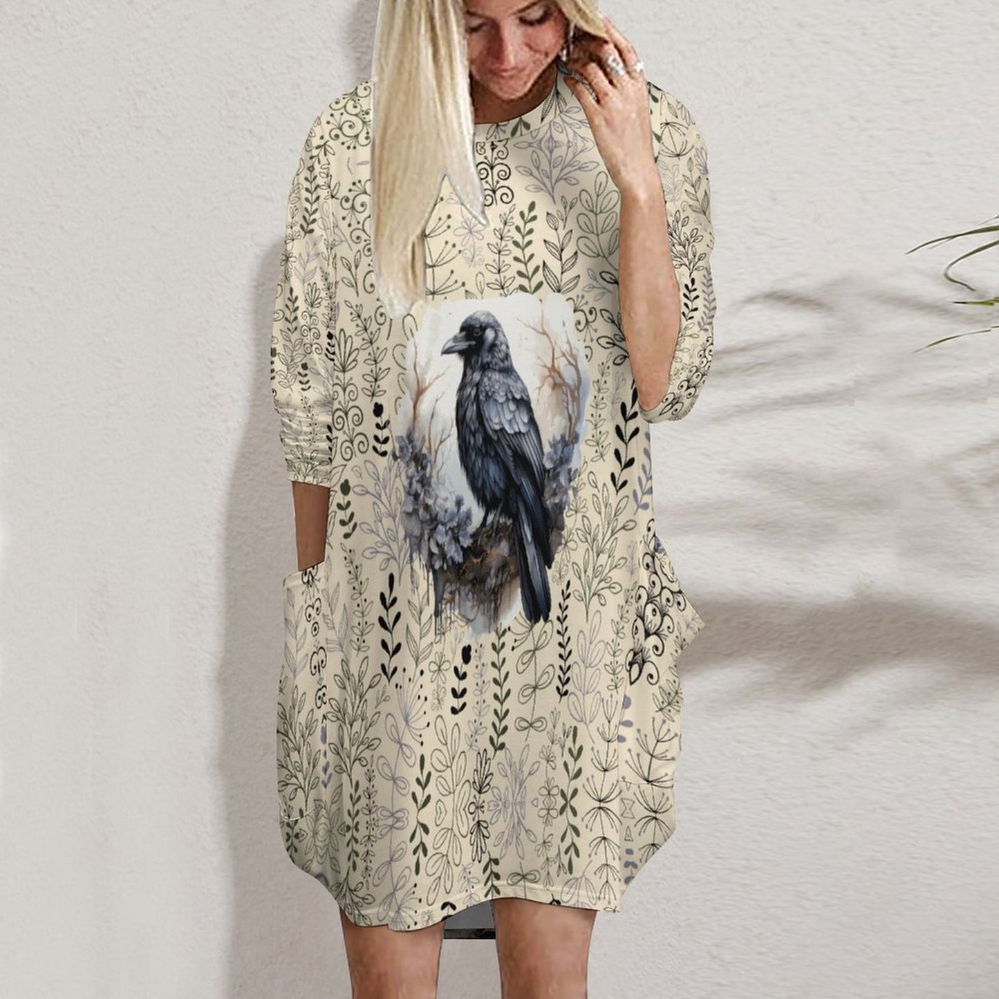 Loose Long-sleeve Dress with Pockets (All-Over Printing)