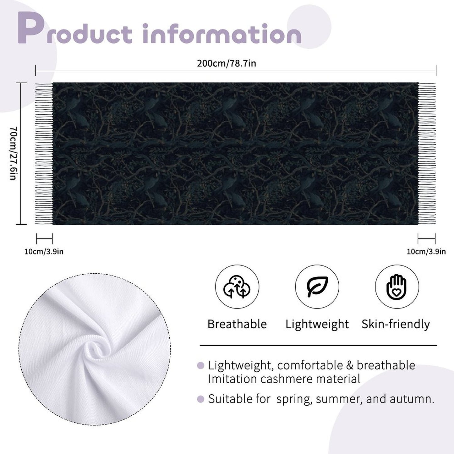 Deep Color New Crow Cashmere-like Tassel Scarf (All-Over Printing)