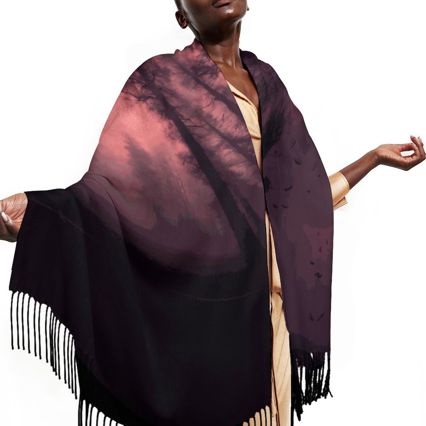 Cloud of Bats in Mystical Forest Cashmere-like Tassel Scarf (All-Over Printing)