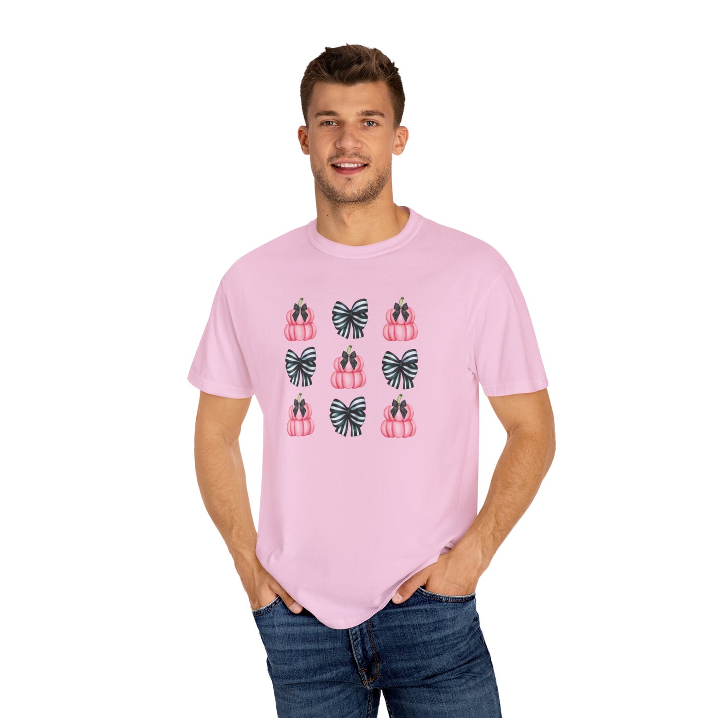 Pink Pumpkins and Striped Bows Unisex Garment-Dyed T-shirt