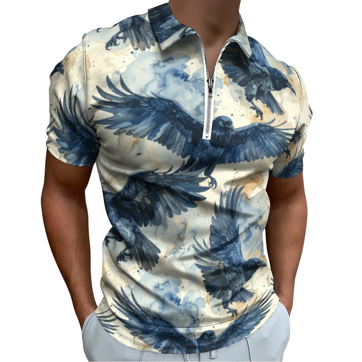 Crows in Flight Men's Short Sleeve POLO Shirt with Zipper - Gothic Clothing