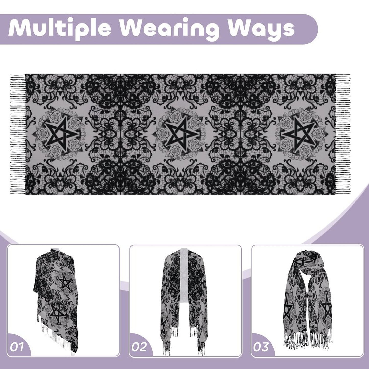 Black Lace Pentagram Tassel Scarf (All-Over Printing)