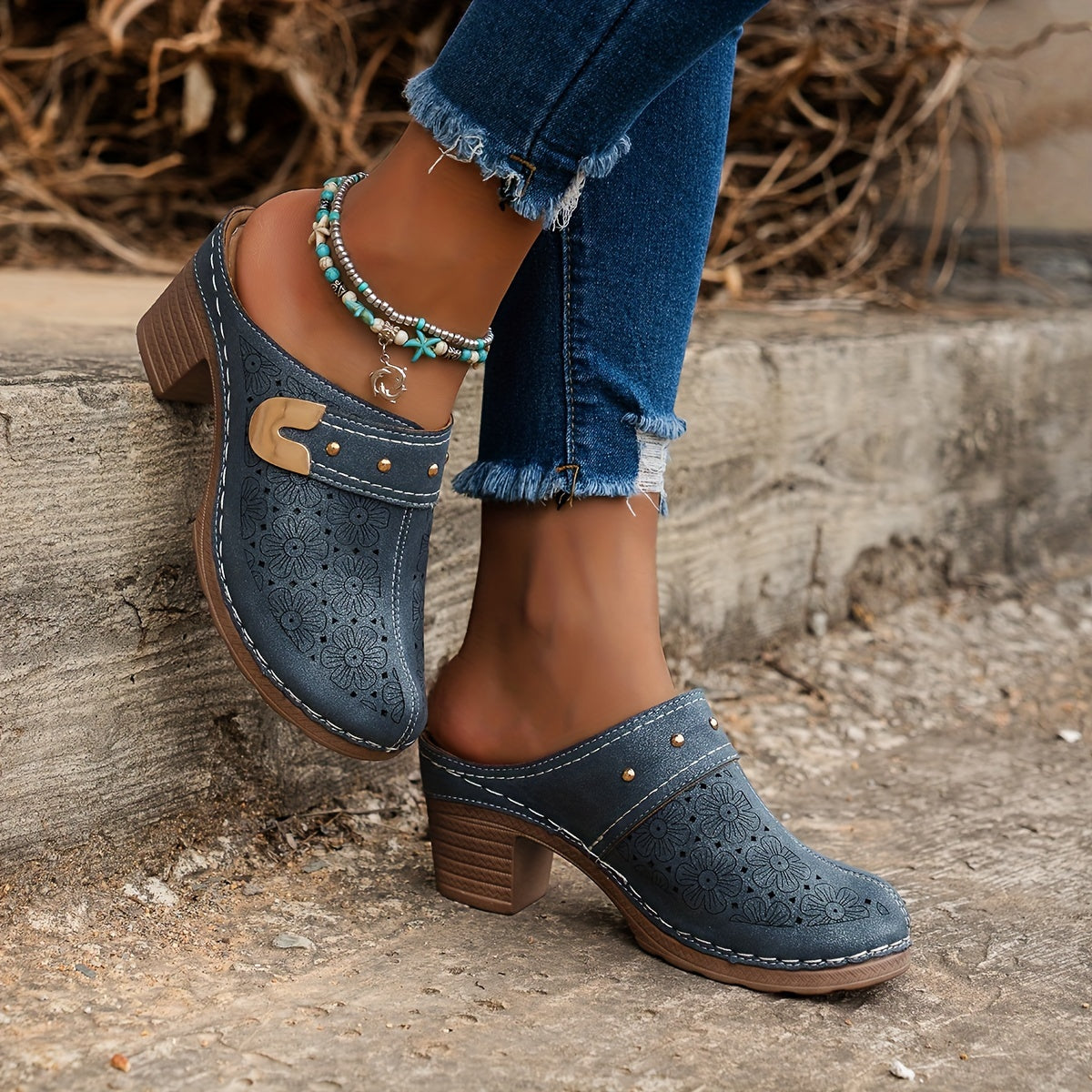 Women's Floral Pattern Clogs, Soft Sole Walking Mules With Chunky Heel Shoes