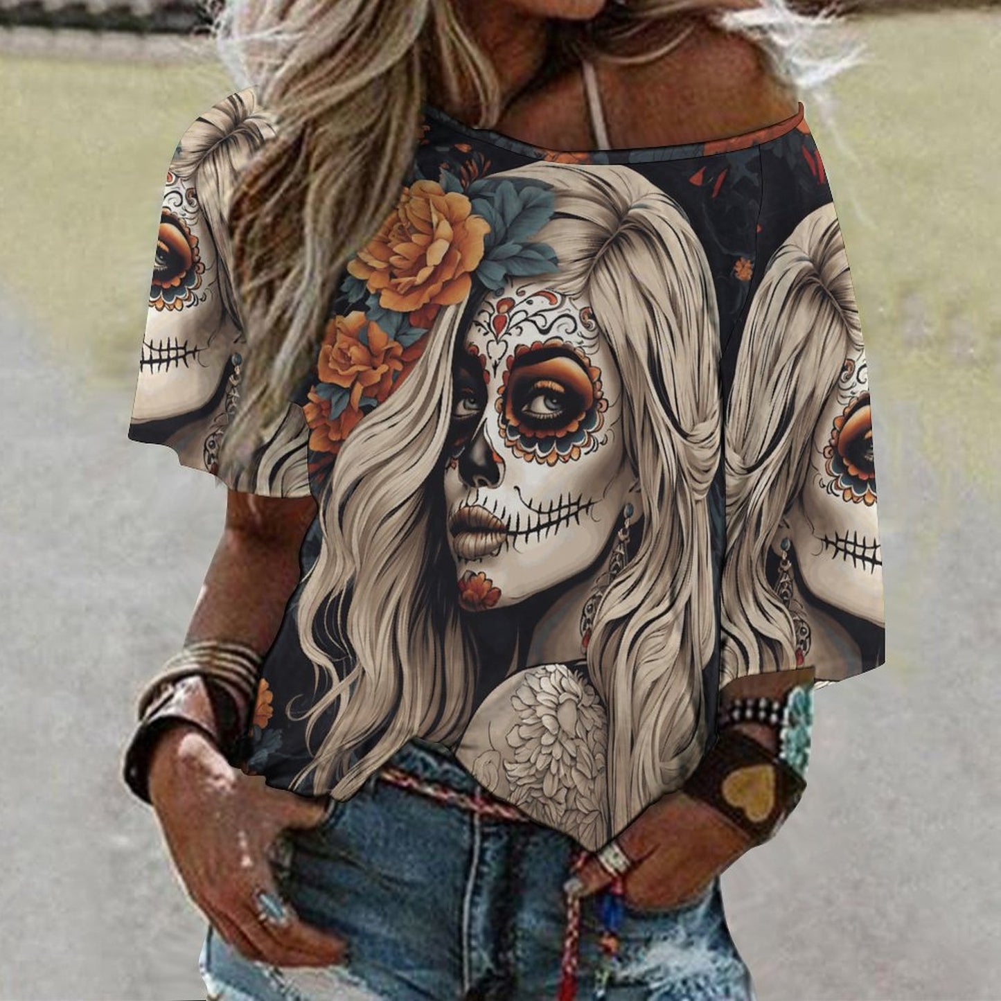 Day of the Dead Blond 180gsm Women’s Off the Shoulder Half-Sleeve T-shirt BAT (All-Over Printing)