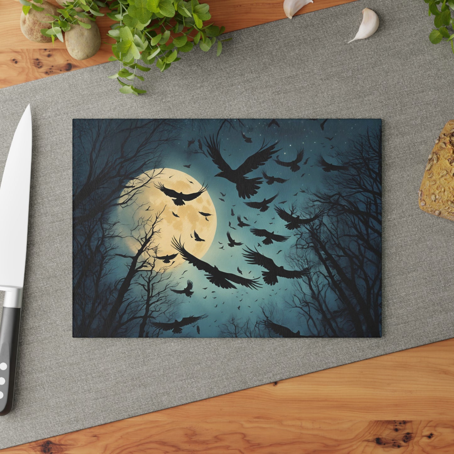 Full Moon Crows Glass Cutting Board | Dark Academia Decor