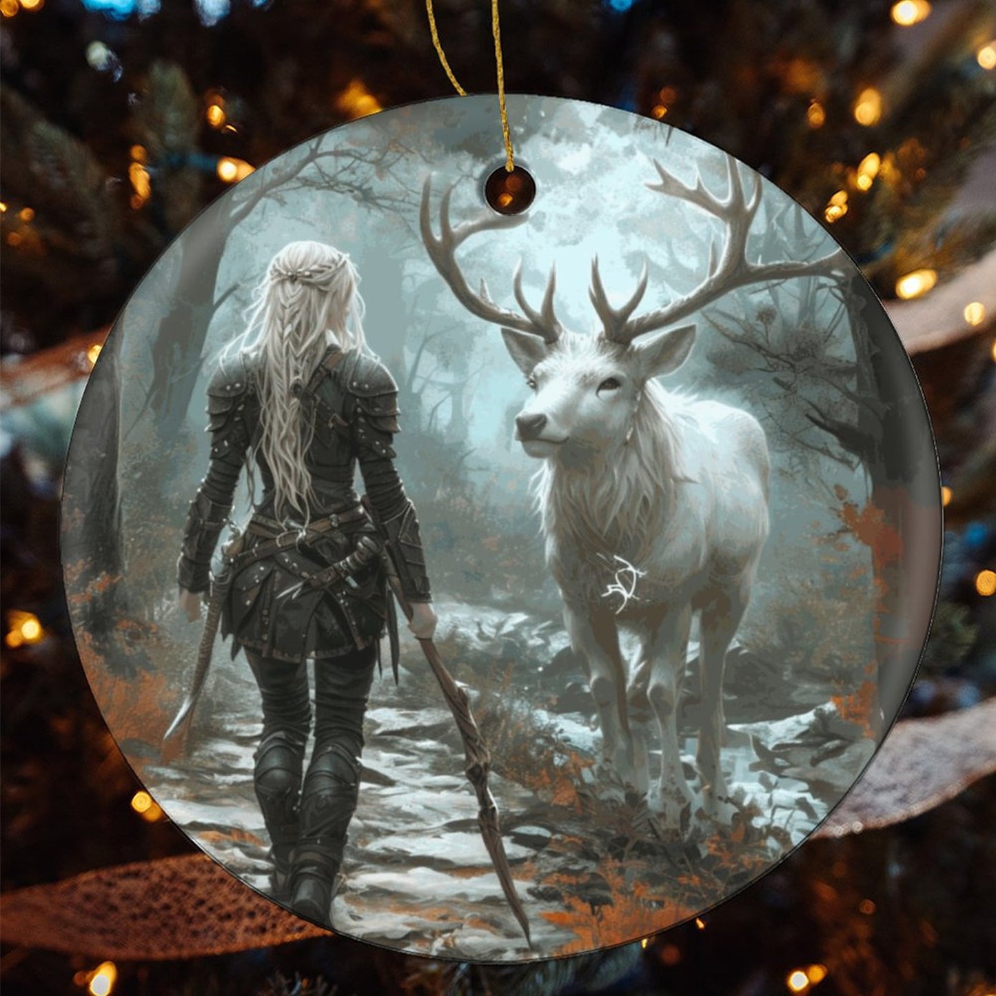 Aelin and Stag Mystical Forest Round Christmas Ceramic Ornament