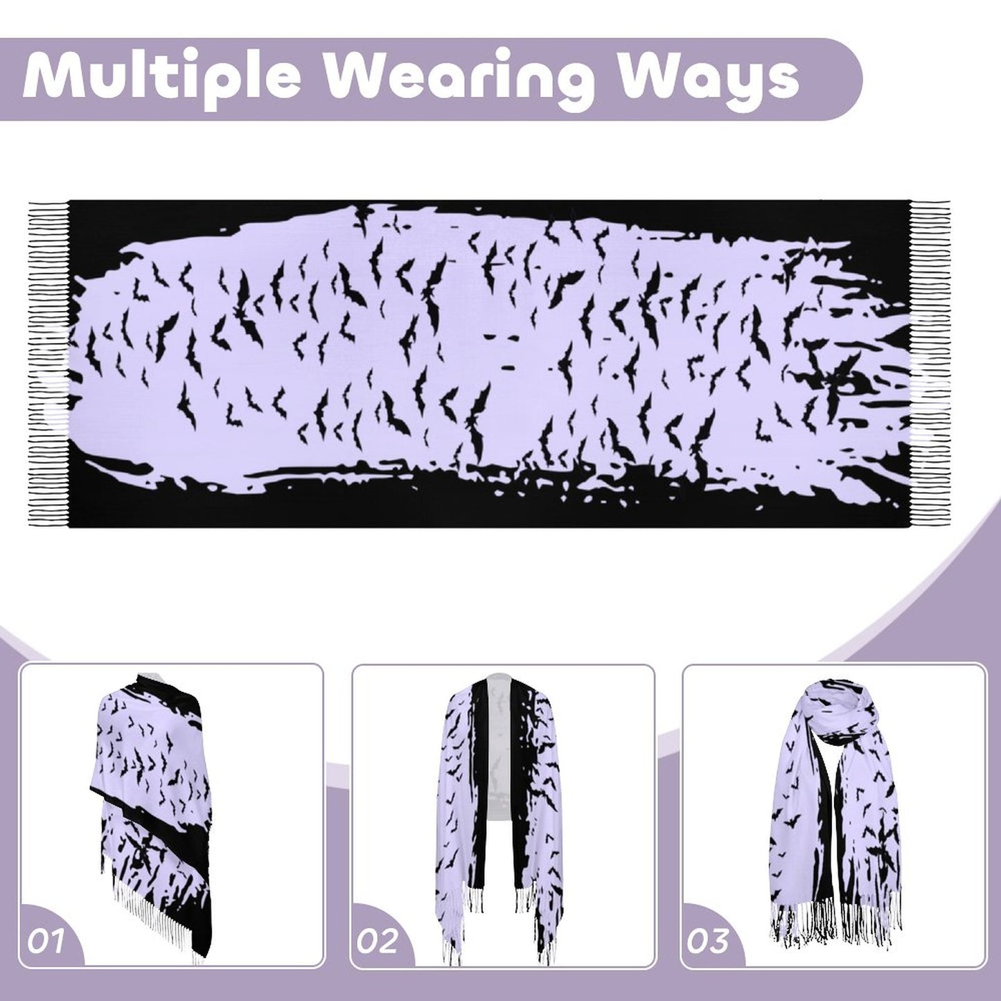 Cloud of Bats in Lavender Cashmere-like Tassel Scarf (All-Over Printing)